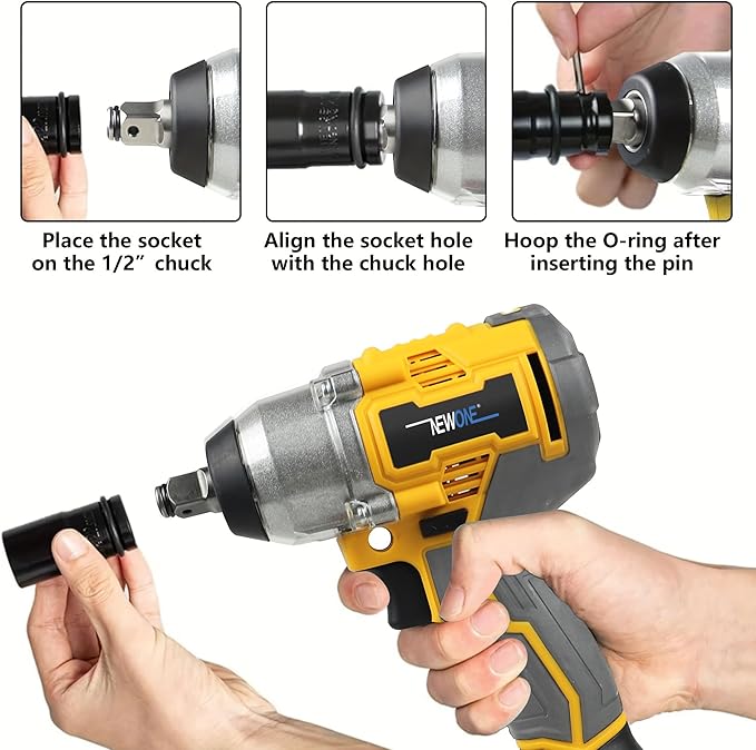 NEWONE Crodless Impact Wrench with 2.0AH Battery, 370 Ft-lbs (500N.m) Impact Gun 1/2 inch,20V Powered Brushless Motor Wrench with 6pcs Drill/Driver Bits,4 Sockets,Charger