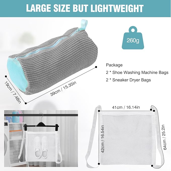 Shoe Washing Machine Bag, 2 Pack Grey Laundry Shoe Bags for Washer and Dryer, Sturdy Zipper with Hook Design, Dry Net Bag Included, Reusable for Sneaker, Gray 2PCS