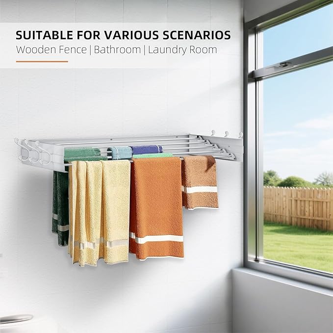 Laundry Drying Rack, Collapsible Wall Mounted Clothes Drying Rack - Foldable,Space Saving, 13.2 Linear Ft, 5 Aluminum Rods, 60 lb Capacity (White, 40" Wide)