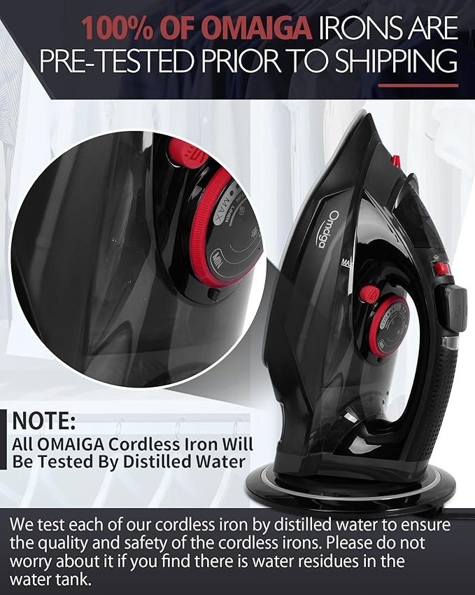 Cordless Iron for Clothes, 1500W Steam Iron Rapid Heating, Ceramic Soleplate, Auto Shut Off, Self-Clean, Anti-Calc, 3 Temperature Settings, 11.84oz Water Tank Ironing Clothes for Home, Black