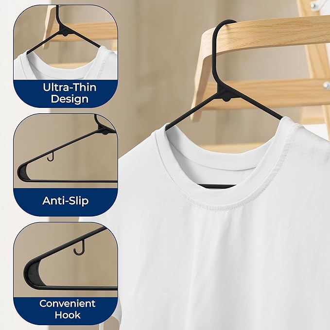 SereneLife 100-Pack Black Plastic Hangers – Ultra Lightweight Non-Slip Slim Clothes Hanger Set for Shirts, Pants, Coats & Dresses – Heavy Duty Space Saving Closet Organizer