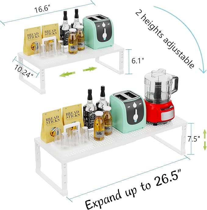 Expandable Adjustable Stackable Kitchen Organizer, Spice Rack,Metal Pantry Storage Shelves Racks,Counter Shelf for Cabinets, Countertop, Cupboard(3 Packs/Large/White)