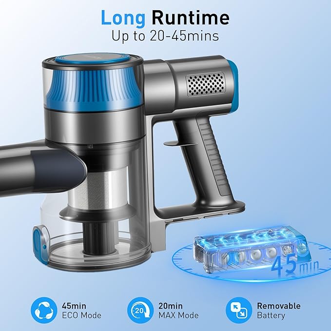 250W 25KPa Suction Cordless Vacuum Cleaner, 6-in-1 Lightweight Stick Vacuum with LED Display & Detachable Battery, 45 Mins Runtime for Hard Floor, Carpet, Pet Hair, Car Cleaning