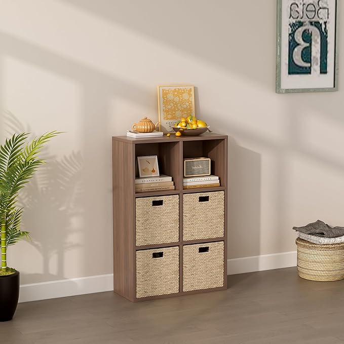 6-Cube Storage Shelf Bookcase - Wooden 3-Tier Floor Standing Open Bookshelf for Home and Office, Cuby Orgainzer, Walnut