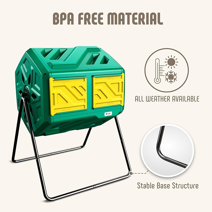 Compost Bin, Outdoor Composter, Fast Assembly 43 Gallon Dual Chamber Outdoor Compost Tumbler, Heavy Duty Tumbling Rotating Composter for Patio, Garden,Yard, Green, Easy Setup, Gloves Included