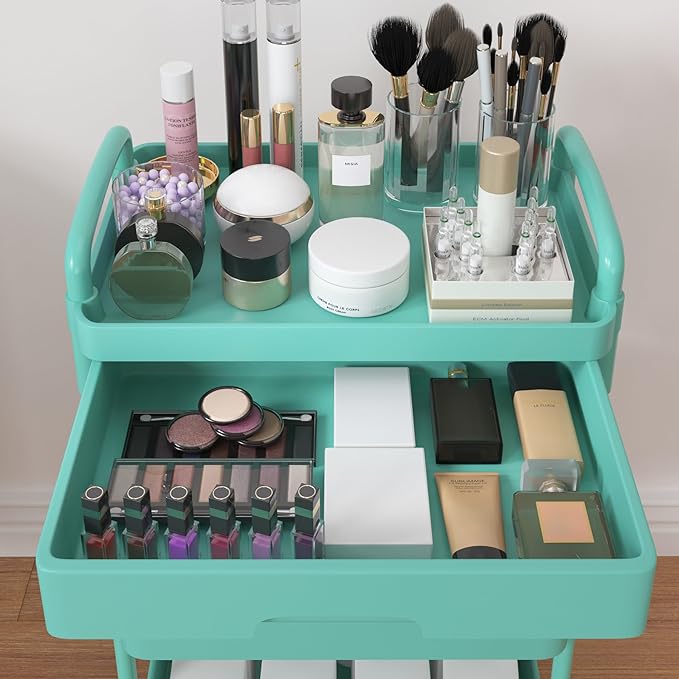 Calmootey 3-Tier Rolling Utility Cart with Drawer,Multifunctional Storage Organizer with Plastic Shelf & Metal Wheel,Storage Cart for Kitchen,Bathroom,Living Room,Office,Green