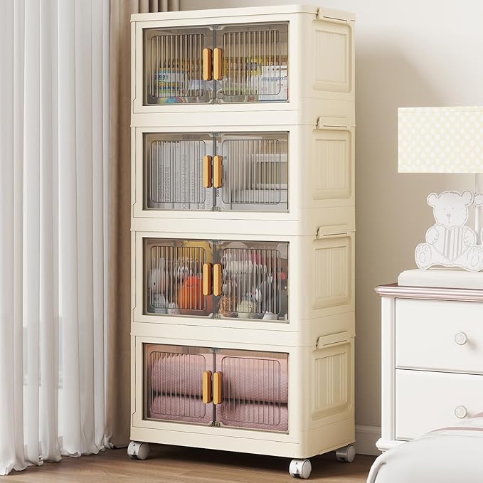 28 Qt Plastic Storage Bins with Lid, Collapsible Closet Organizer and Storage Drawers, Stackable Storage Containers with Wheels, Clothes Storage Cabinet Home Organization, 4Pack