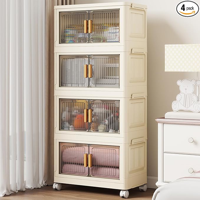 4 Tier Stackable Plastic Storage Bins with Lids 48QT, Collapsible Closet Organizers and Storage with Wheels for Living Room,Office,Dorm