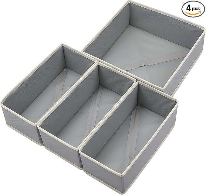 Bructhun Drawer Organizer Set of 4 Light Grey - Fabric Storage Bins for Clothes, Underwear, Socks & Bras - 11" Dresser Dividers for Bedroom Closet
