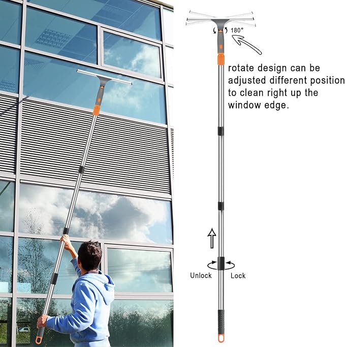 Window Cleaner Tool with Long Handle, BITOPE 60" Shower Squeegee for Window Cleaning with Telescopic Pole, 12" Squeegee & 10" Microfiber Cleaning Pads Kit for Glass Door Car Mirror