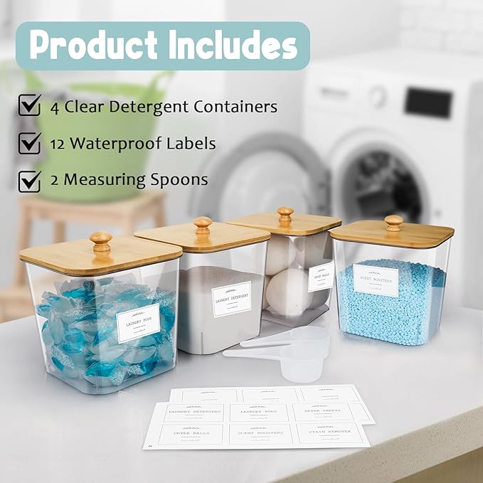 4 Pack Laundry Pods Containers & Plastic Powder Detergent Holder Set, Laundry Room Organization and Storage, Clear Organizer Jars with Lids, Scoops & Labels for Scent Beads, Dryer Balls, Lint