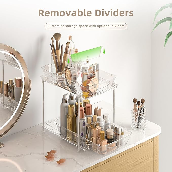 2 Sets of Under Bathroom Sink Organizer, 2-Tier Multi-Purpose Clear Medicine Cabinet Organizer, Pull Out Home Organization Must Haves 2025 with Movable Dividers
