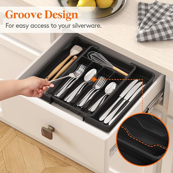 Lifewit Silverware Drawer Organizer, Expandable Utensil Tray for Kitchen, BPA Free Flatware and Cutlery Holder, Adjustable Plastic Storage for Spoons Forks Knives, 8.5"-14.1" x 12.1", Black