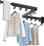 Wall Mount Clothes Drying Rack, Wall Mounted Drying Rack, Upgraded 3-Fold & Sturdy Laundry Drying Rack with 12 Dual-Side Hooks Space Saver for Laundry Room, Apartment, Dorms - Black