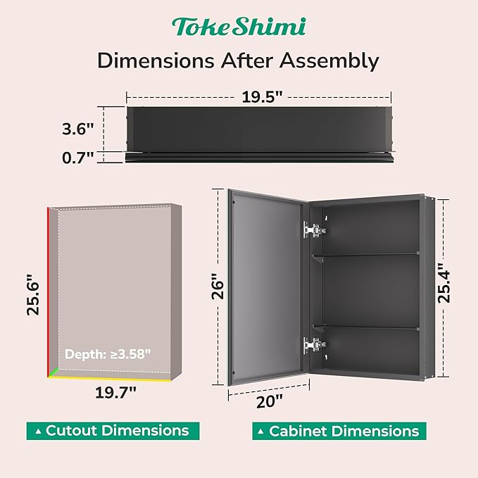TokeShimi 20 x 26 Recessed Medicine Cabinet Mirror Black Tempered, Aluminum Surface Mount Medicine Cabinet Mirror with Storage with Stepless Adjustable Shelves for Bathroom Modern Farmhouse