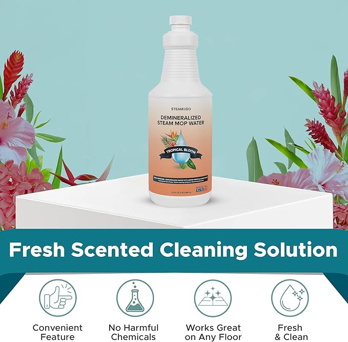 Steam & Go Demineralized Water for Steam Cleaner - PVC-Free Floor Cleaning Solution Compatible for All Steam Mops - Multi-Surface Cleaner for Home Surfaces - Tropical Bloom Scent, 32 oz (Pack of 12)
