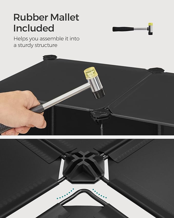 SONGMICS 6 Cube Storage Organizer, Modular Bookshelf, DIY Closet Organizers and Storage, Plastic Stackable Shelves, 14.6 x 13 x 13 Inch Cubes, with Feet and Rubber Mallet, Black ULPC206B01