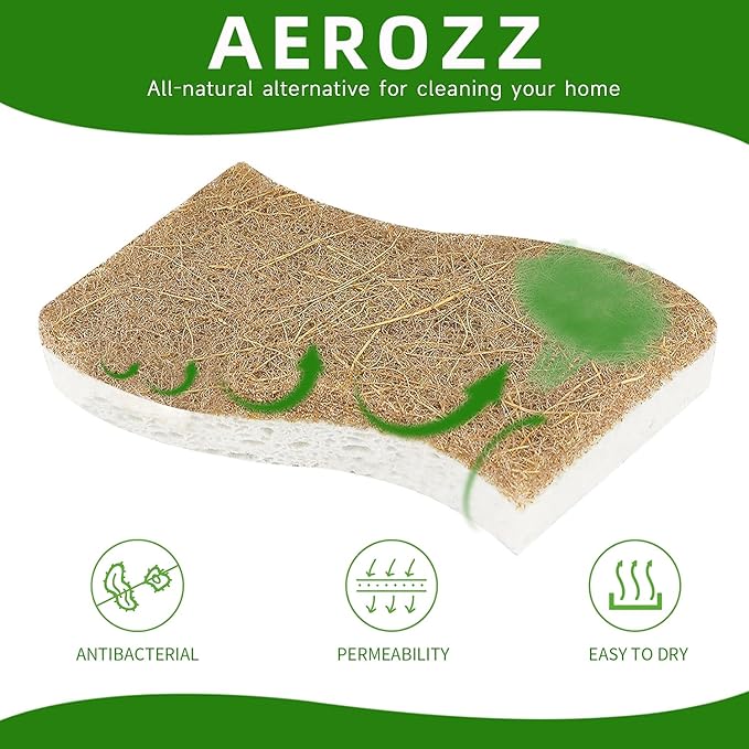 10 Pack Biodegradable Natural Sponges Kitchen - Compostable Cellulose and Coconut Walnut Scrubber Sponge - Non Scratch Eco Friendly Quick Drying Sponges for Dishes