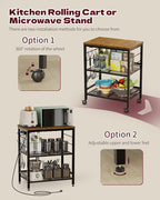 Kitchen Rolling Cart with Power Strip, 3 Tier Microwave Stand on Lockable Wheels, Small Utility Cart with Storage, Coffee bar&Tea Table, Organizer Shelves for Kitchen, Office, Living Room