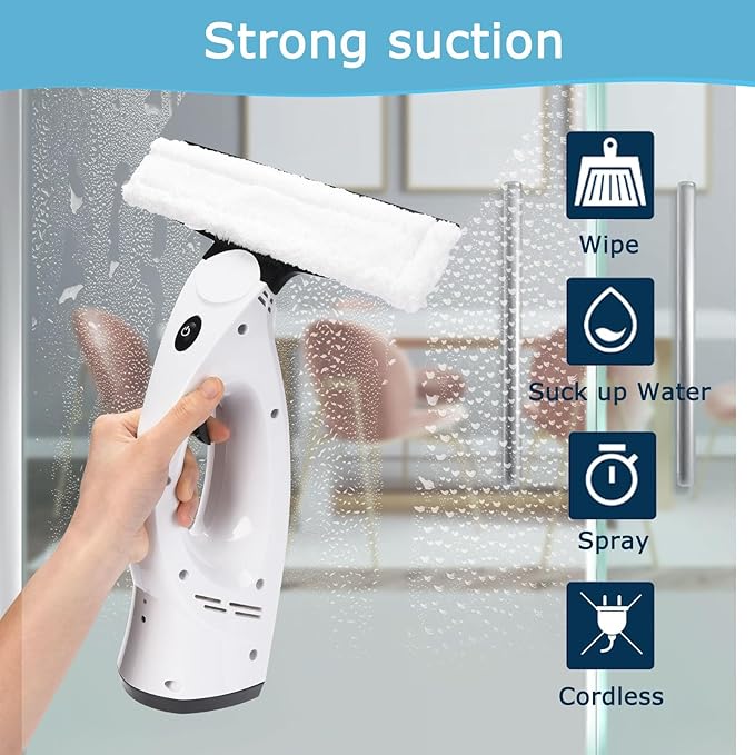 Window Vacuum, Window Vacuum Squeegee, 3 in 1 Cordless Window Vac with Spray/Wipe/Suck up Water,Electric Window Cleaning Tool for Shower Wall Mirror Glass/Car Windshield/Countertop- White