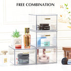 4 Pack Clear Stackable Storage Drawers, 8" Tall Bathroom Makeup Organizer with Handle, Plastic Organizer Bins Easy Assembly for Home, Kitchen, Pantry, Cabinet Under Sink Organization