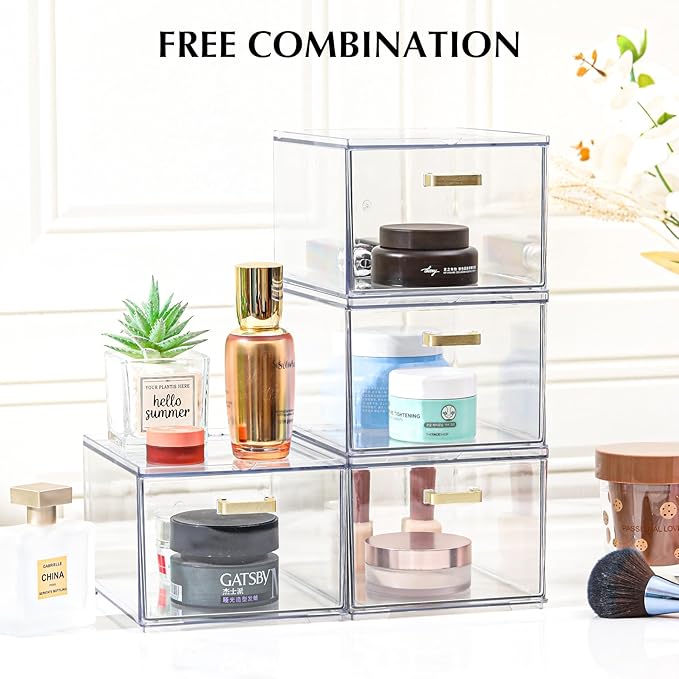 4 Pack Clear Stackable Storage Drawers, 8" Tall Bathroom Makeup Organizer with Handle, Plastic Organizer Bins Easy Assembly for Home, Kitchen, Pantry, Cabinet Under Sink Organization