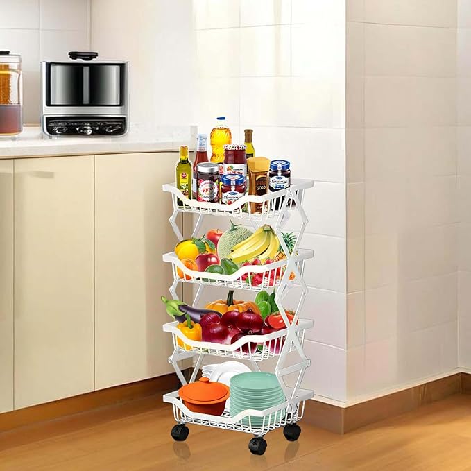 Rolling Rack Storage Cart, Foldable Metal Organizer with casters, Multi-Level Shelf for Kitchen, Office, Laundry, White 4-Tier 14.17" L x 10.71" W x 29.5" H