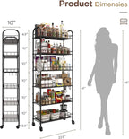6 Tier Slim Storage Cart with Wheels, Metal Mobile Shelving Unit Organizer Utility Cart for Office Bathroom Kitchen Laundry Room Narrow Places (10inches)
