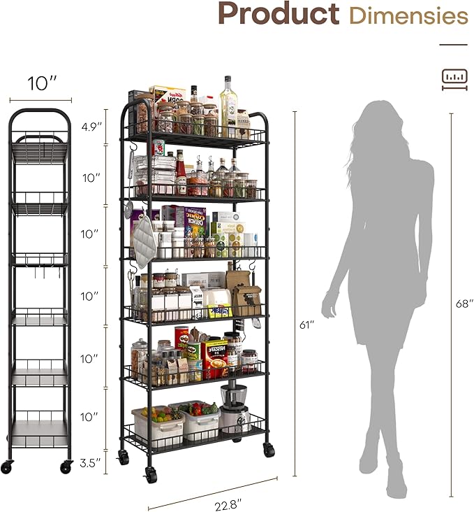 6 Tier Slim Storage Cart with Wheels, Metal Mobile Shelving Unit Organizer Utility Cart for Office Bathroom Kitchen Laundry Room Narrow Places (10inches)