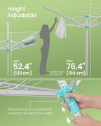 SONGMICS Umbrella Drying Rack, Retractable Outdoor Drying Rack, Height Adjustable, 197 ft Long Clothesline, Holds 6 Laundry Loads, for Garden, with Ground Spike, Cover, Silver and Green ULLR302E01