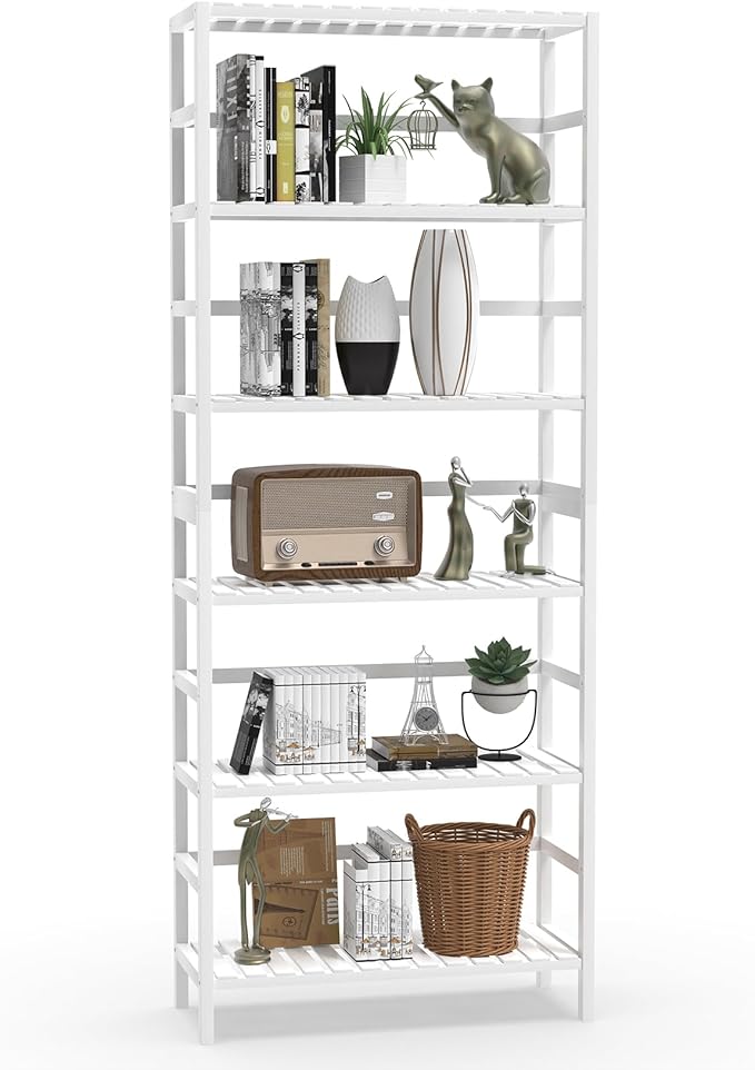 VASMIA 6-Tier Bamboo Shelf,Bamboo Storage Shelving Unit,Tall Bookcase with Adjustable Shelves,Multipurpose Storage Display Shelf for Bathroom, Living Room, Balcony, Kitchen,White