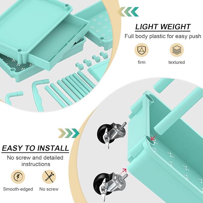 Goovilla 3 Tier Rolling Utility Cart Organizer with Removable Drawer, Stable and Sturdy Blue Rolling Storage Carts with 2 Lockable Wheels for Bathroom, Kitchen, Snack, Craft, Makeup, Baby Essentials