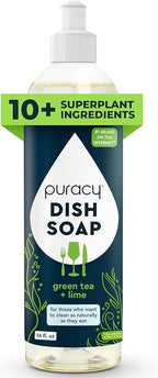 Puracy Natural Dish Soap - Skin-Softening Plant-Based Dishwashing Soap, Non-Toxic Dish Soap, Organic Liquid Dishwashing Detergent Soap (Green Tea & Lime, 16 fl oz)