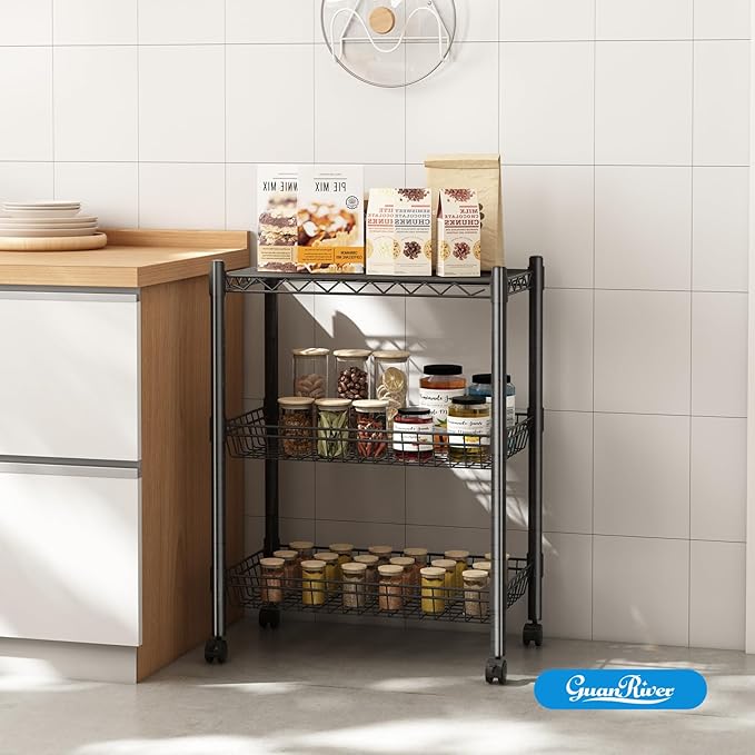 3 Tier Rolling Cart Service Cart Wire Basket Shelf Storage Trolley Shelf 2 Bottoms for Choose(Castor or Leveling Feet) for Office,Kitchen,Black(23.23" L x 13.11" W x 32.28" H)