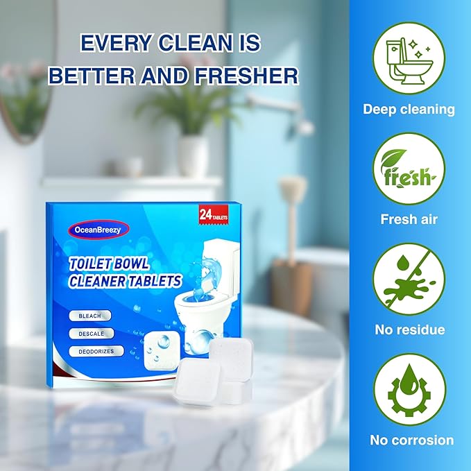 Toilet Cleaning Tablets Deep Clean & Deodorize, Toilet Bowl Cleaners Bleach Inside the Bowl, Effectively Removes Hard Stains (24-Pack Year Supply), Septic-Safe, Bathroom Cleaning Supplies