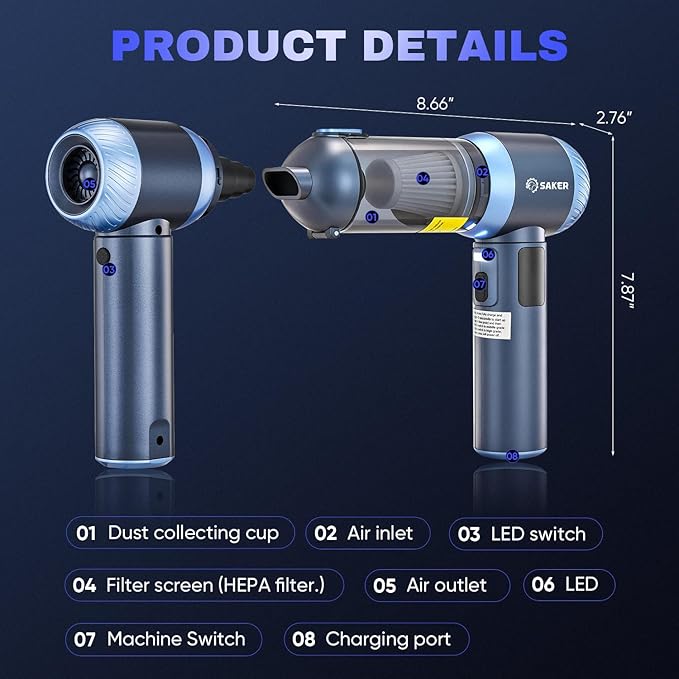 Saker Car Vacuum Portable Cordless 20000Pa Suction Power 4 in 1 Handheld Vacuum with LED Light Type-C Portable Mini Vacuums for Car, Home, Office, Pet HL157 Blue