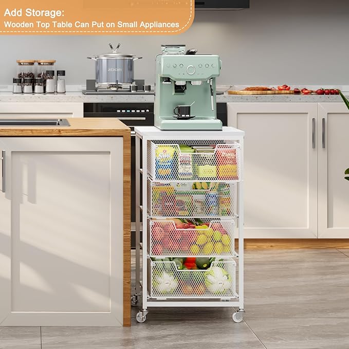 4-Tier Kitchen Storage Cart - Fruit Vegetable Storage Cart with Drawers, Wooden Top Metal Wire Kitchen Organizer and Storage Cart with Wheels to Storage Onions Potatoes Cans Snacks for Kitchen
