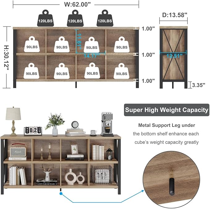 FATORRI 8 Cube Storage Organizer Bookshelf, Rustic Wood Cubby Bookcase, Industrial Horizontal Long Shelf for Living Room (Rustic Oak, 62 Inch)