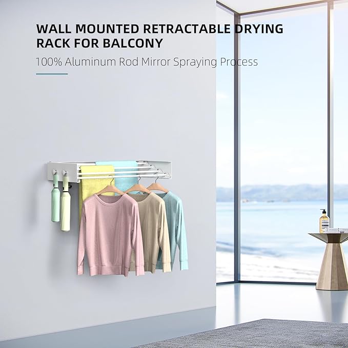 Drying Rack Clothing,Clothes Drying Rack Wall Mounted,Laundry Drying Rack Wall Mount,Foldable,Collapsible,60 lb Capacity 4 Aluminium Poles with 8 Hooks,Space Saving Clothes Drying Rack,White 23.6"