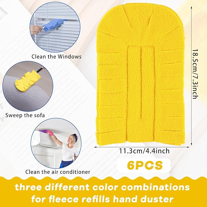 Zubebe 6 Pcs Duster Refill Reusable Fleece Duster Refills Feather Flat Dusters Multi Surface Washable Cleaning Pads Tools for Home, Blinds, Car, Pet, Furniture, Fans (SkyBlue,Yellow,White)