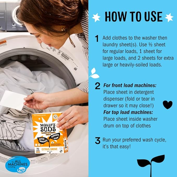 Molly’s Suds Laundry Detergent Sheets | Gentle on Sensitive Skin, Powerful Bio-Based Enzymes, Stain-Fighting | Liquidless & Plastic-Free Packaging | 120 Loads (Peppermint)