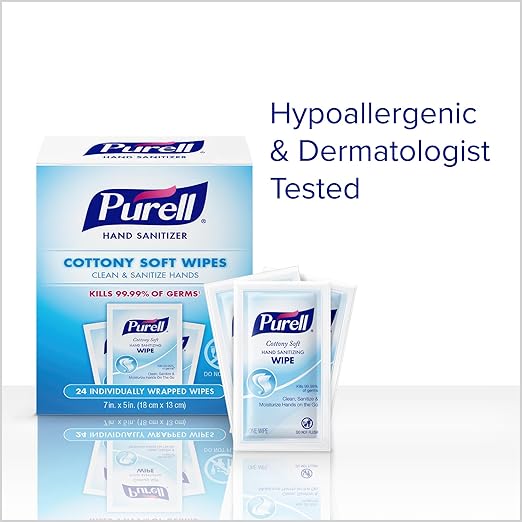 PURELL Cottony Soft Hand Sanitizing Wipes, Clean Scent, 24 Individually Wrapped Wipes (Pack of 4 Boxes) – 9029-04-CMR