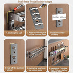 Silver 40CM+8Hook Modern Kitchen Utensil Hanger, Space-Saving Wall Mount Knife Wall Mount, Kitchen Storage Shelf with Hooks, Easy to Clean