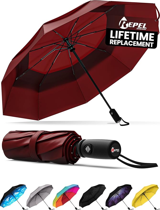 REPEL Windproof Travel Umbrella - Compact & Withstands Winds up to 85MPH , Strongest Premium Auto Folding Umbrella for Rain and Sun - Durable, Light & Portable for Women & Men , Fits Backpack & Cars