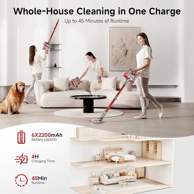 Cordless Vacuum Cleaner, 35Kpa Vacuum Cleaner for Home, 45Mins Stick Vacuum with LED Display, Anti-Tangle & Wall Mount Charging, 6 in 1 Lightweight Vacuum for Hard Floors, Carpet, Pet Hair (red)