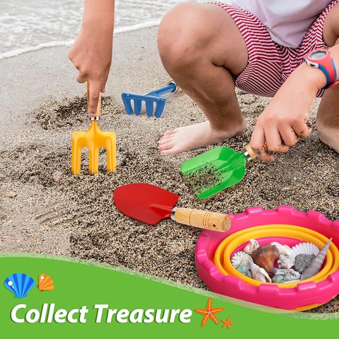 Metal Garden Tool Set with Scoop Leaf Rake Weed Fork Hoe Sand Toy for Kids Adults, Toddler Beach Sandbox Shovels Kit, Beach Garden Gear Accessories Gift for Outdoor Digging Treasure Hunt(4PCS)