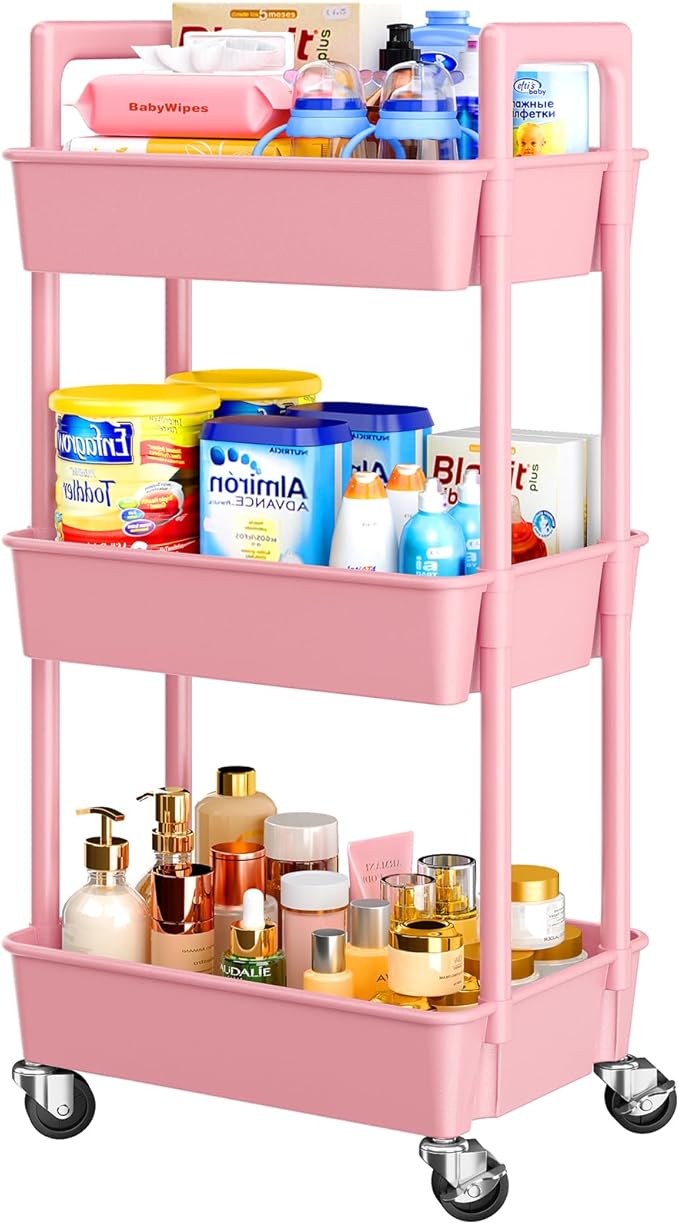 Pipishell 3 Tier Rolling Cart Organizer, Plastic Rolling Cart with Lockable Wheels & Reinforced Handle, Lightweight Utility Cart Storage Cart for Nursery, Kitchen, Bathroom, Craft Room, Pink, PIUC14P