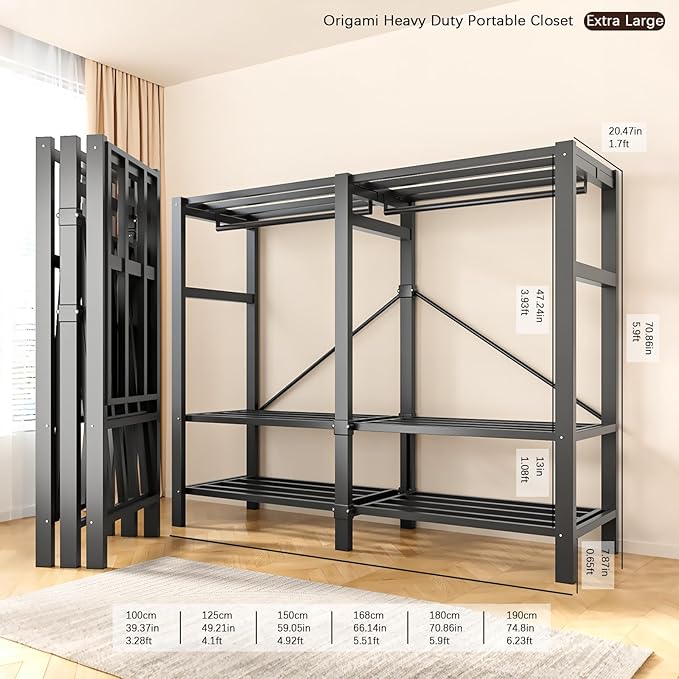 Foldable Portable Armoire Wardrobe Closet for Hanging Clothes Rack, Heavy Duty Covered Clothes Rack with Cover(HARDBOARD Magnetic), Closet Garment Rack for Bedroom Storage (KT Off-white, 59.05in)