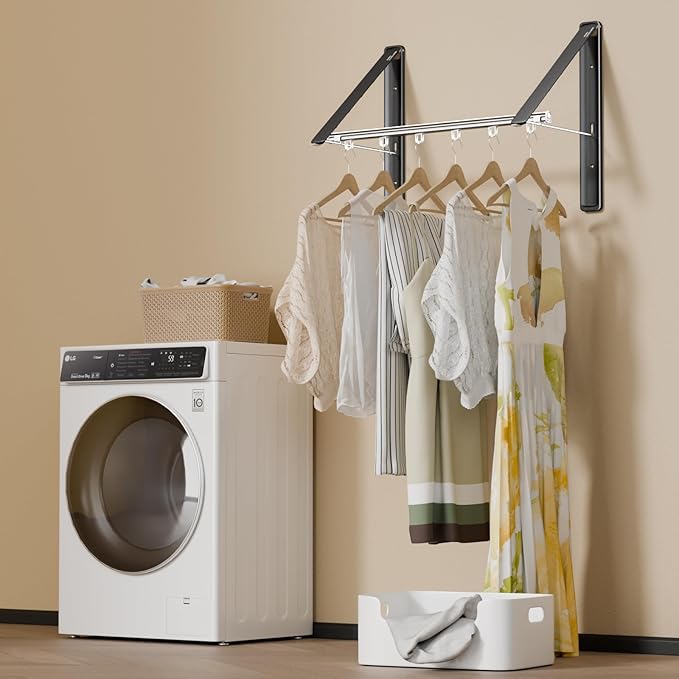 Clothes Drying Rack Retractable, Wall Mounted Clothes Hanger Rack for Laundry Room, Laundry Drying Rack with Clothes Rod Space Saving Closet Organizer Aluminium (Black, 2P)