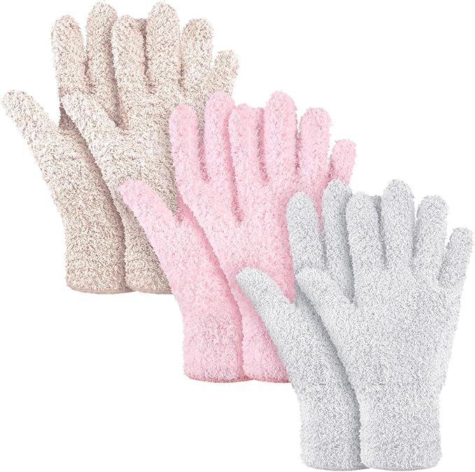 Patelai 3 Pairs Microfiber Plant Dusting Gloves Leaf Cleaning Gloves for Indoor Plants, Blinds, Furniture, House (Pink,Nude,White,Small)